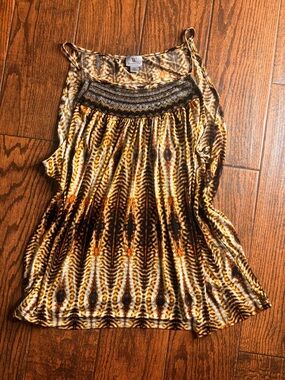 Worthington Brown and Gold Printed Smocked Neck Tank
